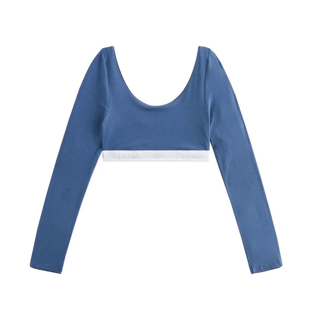 Calvin Klein Scoop-Neck Long Sleeve Crop Top in Slate Blue with White Band